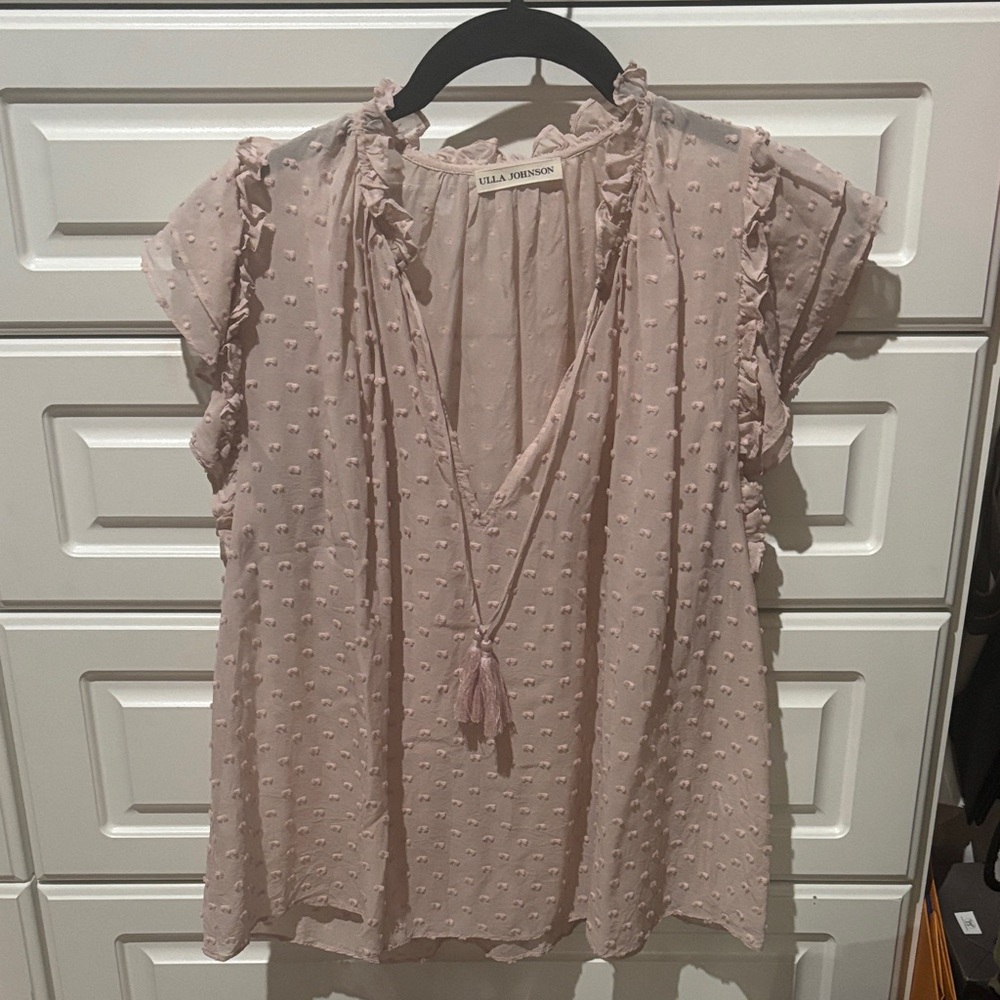 Ulla Johnson Blush Pink Swiss Dot Tassel V-Neck Blouse